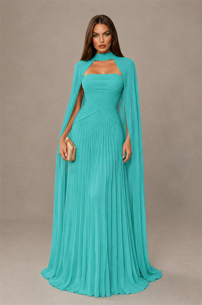 BOLODOO Turquoise Strapless Crossover Ruched Bodice Detached Turtleneck Cape Lace-Up Back Pleated Chiffon Maxi Dress - Turquoise