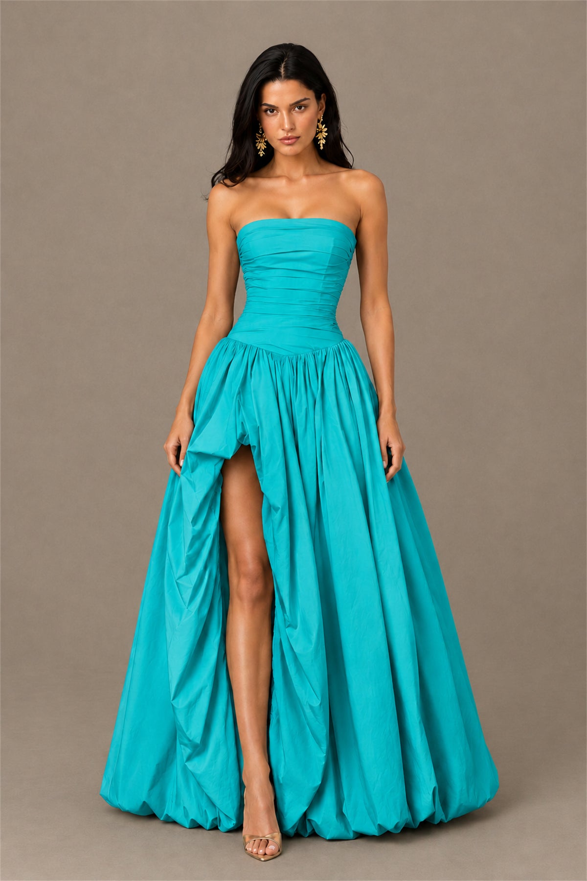 BOLODOO Turquoise Strapless Ruched Corset Lace-Up Back Bubble Skirt High Slit Taffeta Maxi Dress - Turquoise