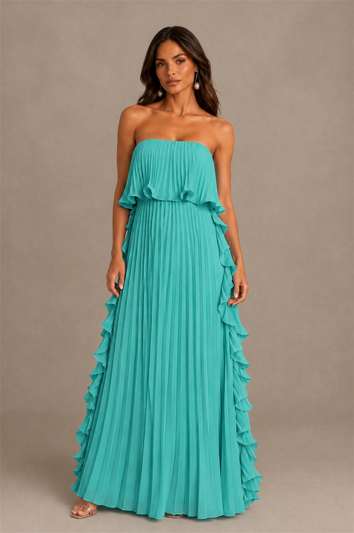 BOLODOO Turquoise Strapless Ruffle Bodice Dual Cascading Ruffle Accordion Pleated Chiffon Maxi Dress - Turquoise