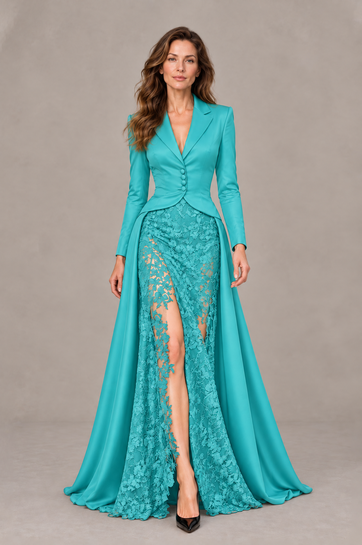 BOLODOO Turquoise Long Sleeve Lace Blazer Gown with High Slit - Turquoise - Turquoise (1)