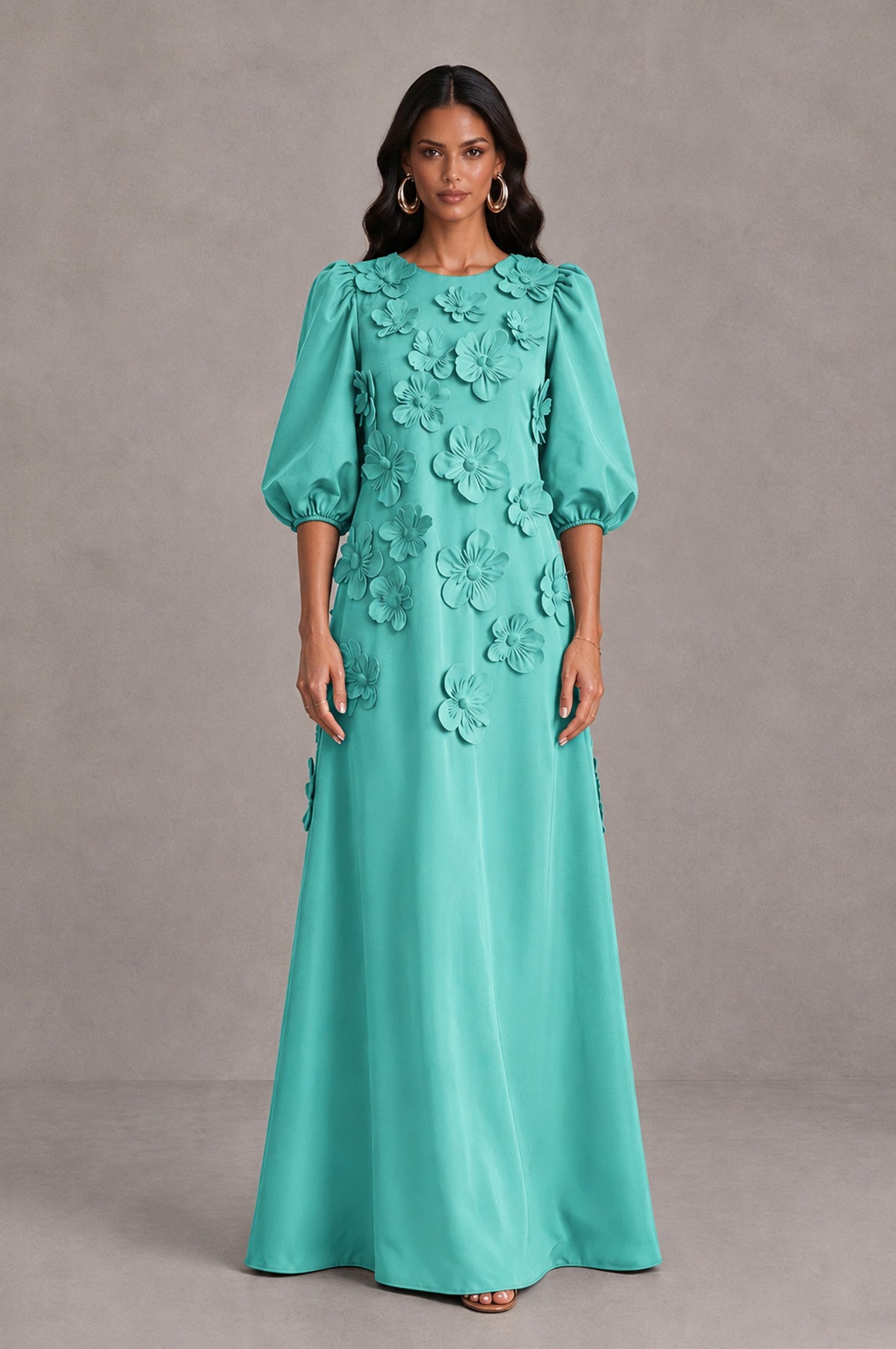 BOLODOO Turquoise Floral Applique Puff Sleeve A-Line Evening Dress - Turquoise - Turquoise (1)