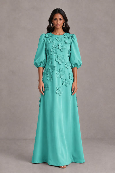 BOLODOO Turquoise Floral Applique Puff Sleeve A-Line Evening Dress - Turquoise - Turquoise (1)