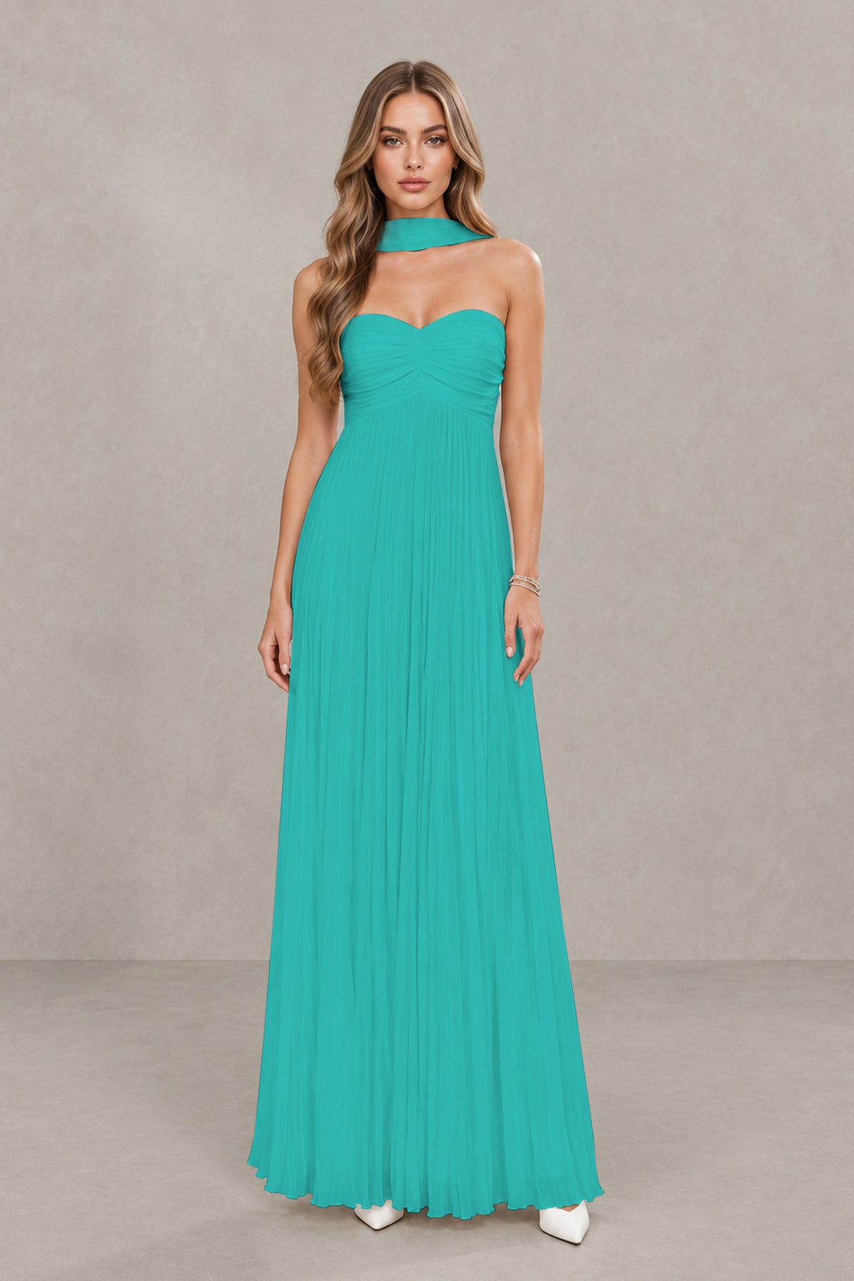 BOLODOO Turquoise Strapless Chiffon-Look Maxi Dress with Lace-Up Back & Cape - Turquoise