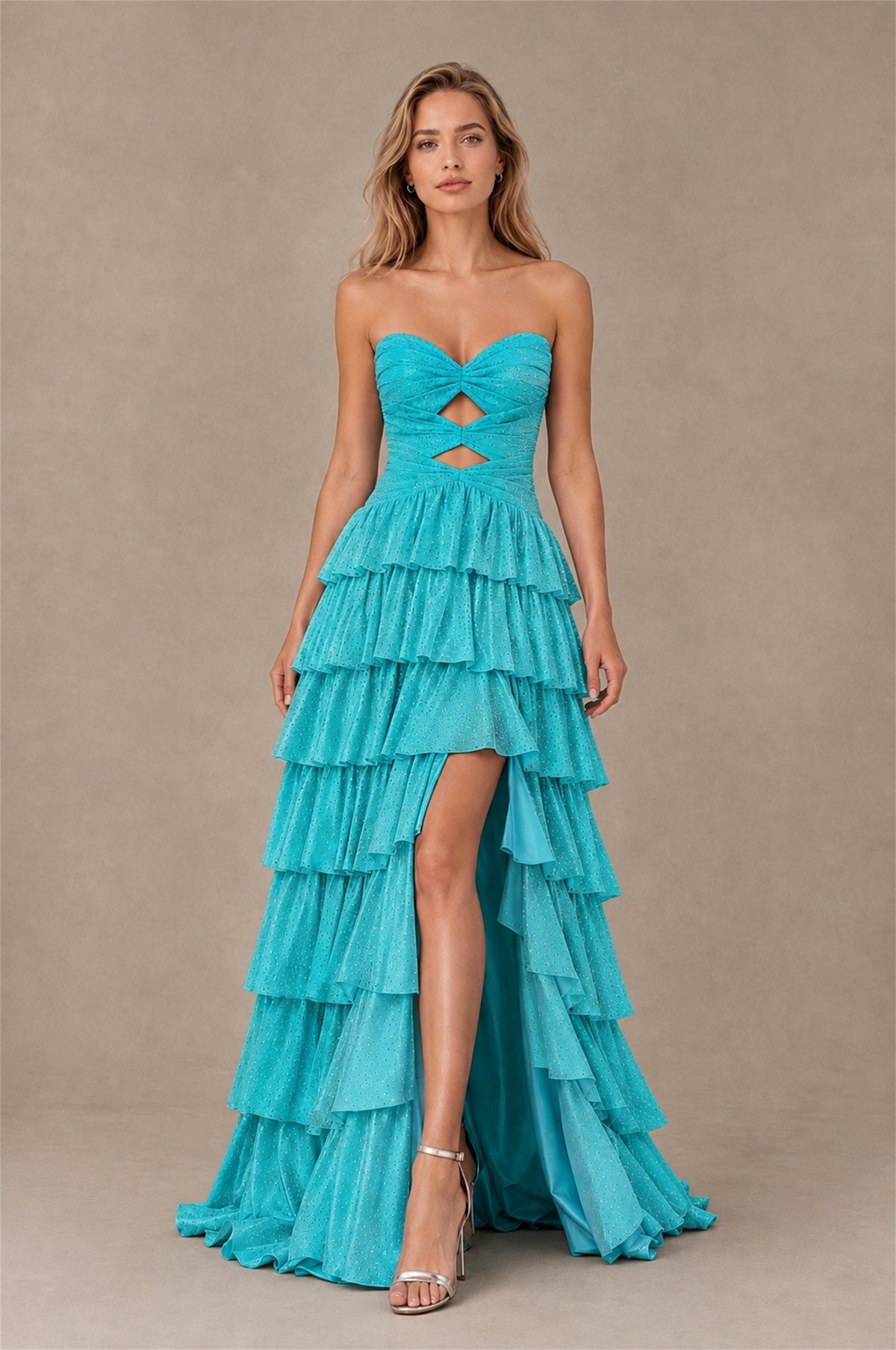 BOLODOO Turquoise Strapless Cutout Tiered Ruffle Prom Dress with High Slit - Turquoise - Turquoise (1)