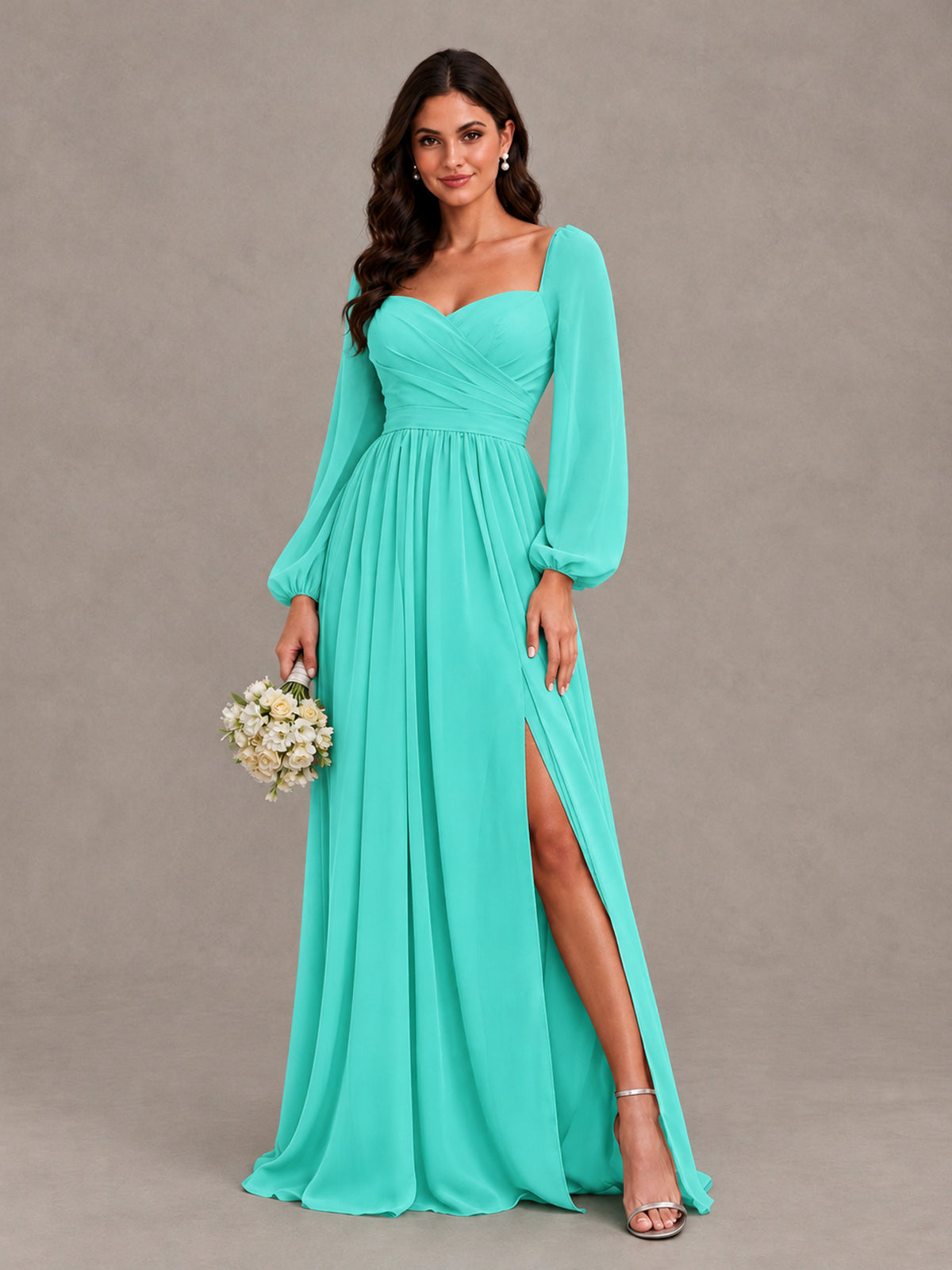 BOLODOO Turquoise Long Sleeve Chiffon Bridesmaid Dress with Slit - Turquoise - Turquoise (1)