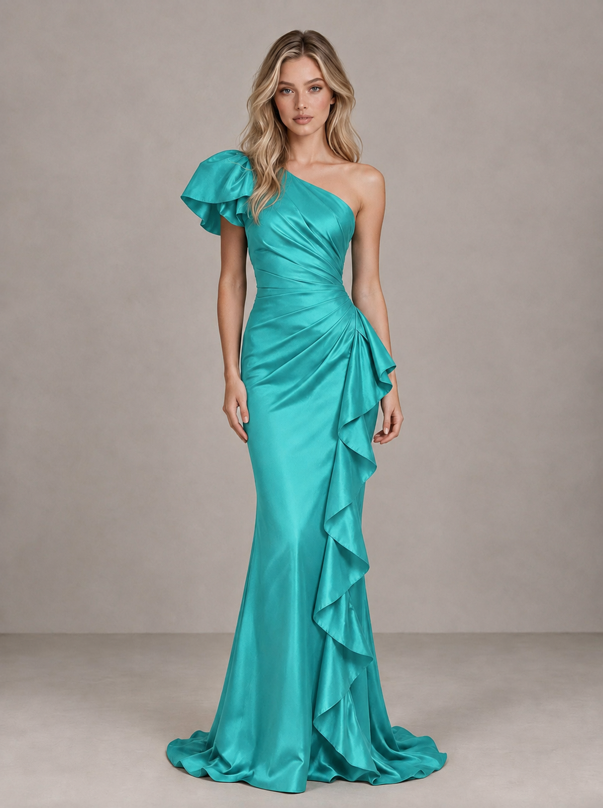 BOLODOO Turquoise One-Shoulder Satin-Look Mermaid Evening Dress with Ruffles - Turquoise - Turquoise (1)