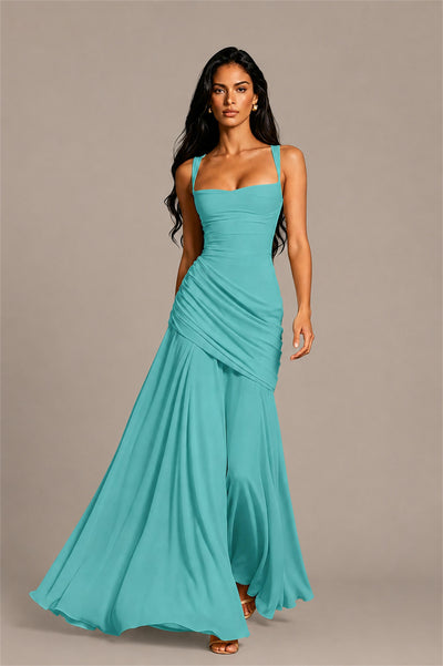 BOLODOO Square Neck Ruched A-Line Maxi Dress - Turquoise Backless Evening Gown - Turquoise