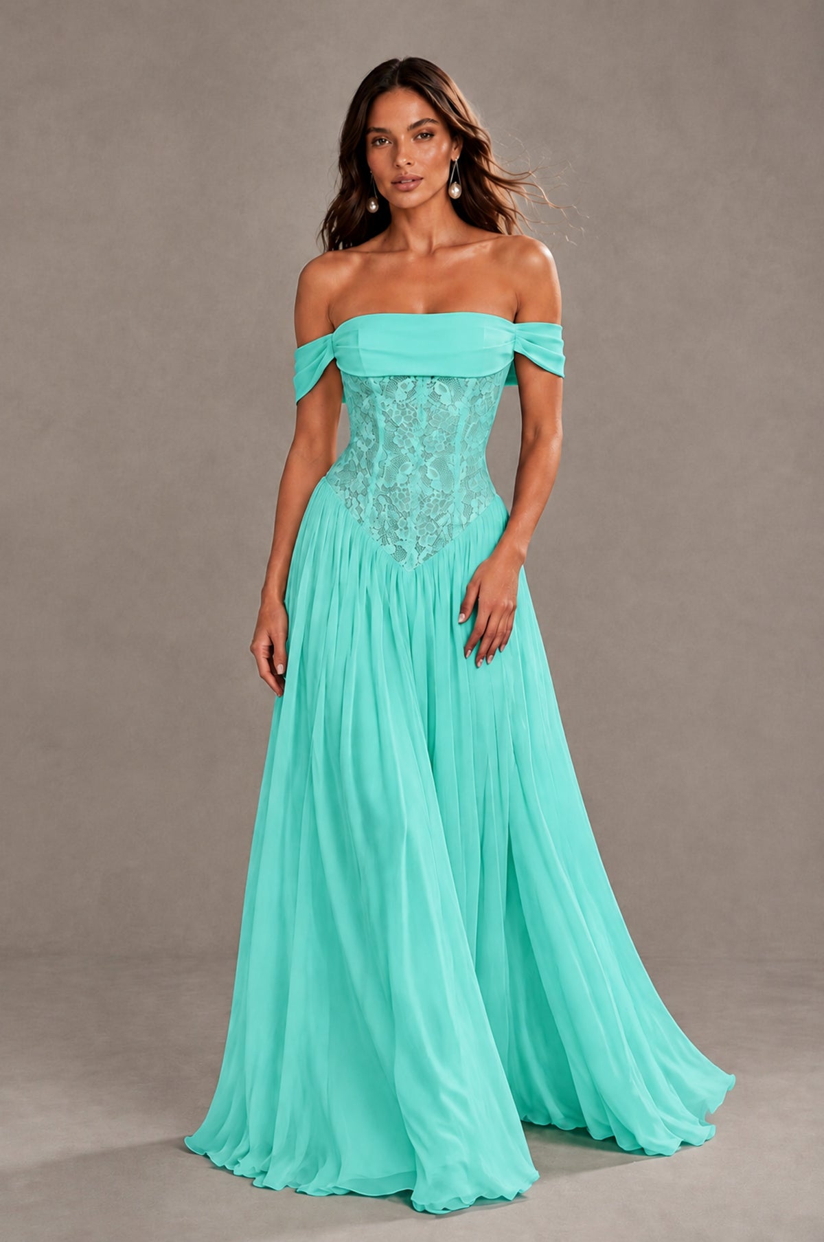 BOLODOO Turquoise Off-Shoulder Lace Corset Tulle Maxi Dress - Turquoise - Turquoise (1)