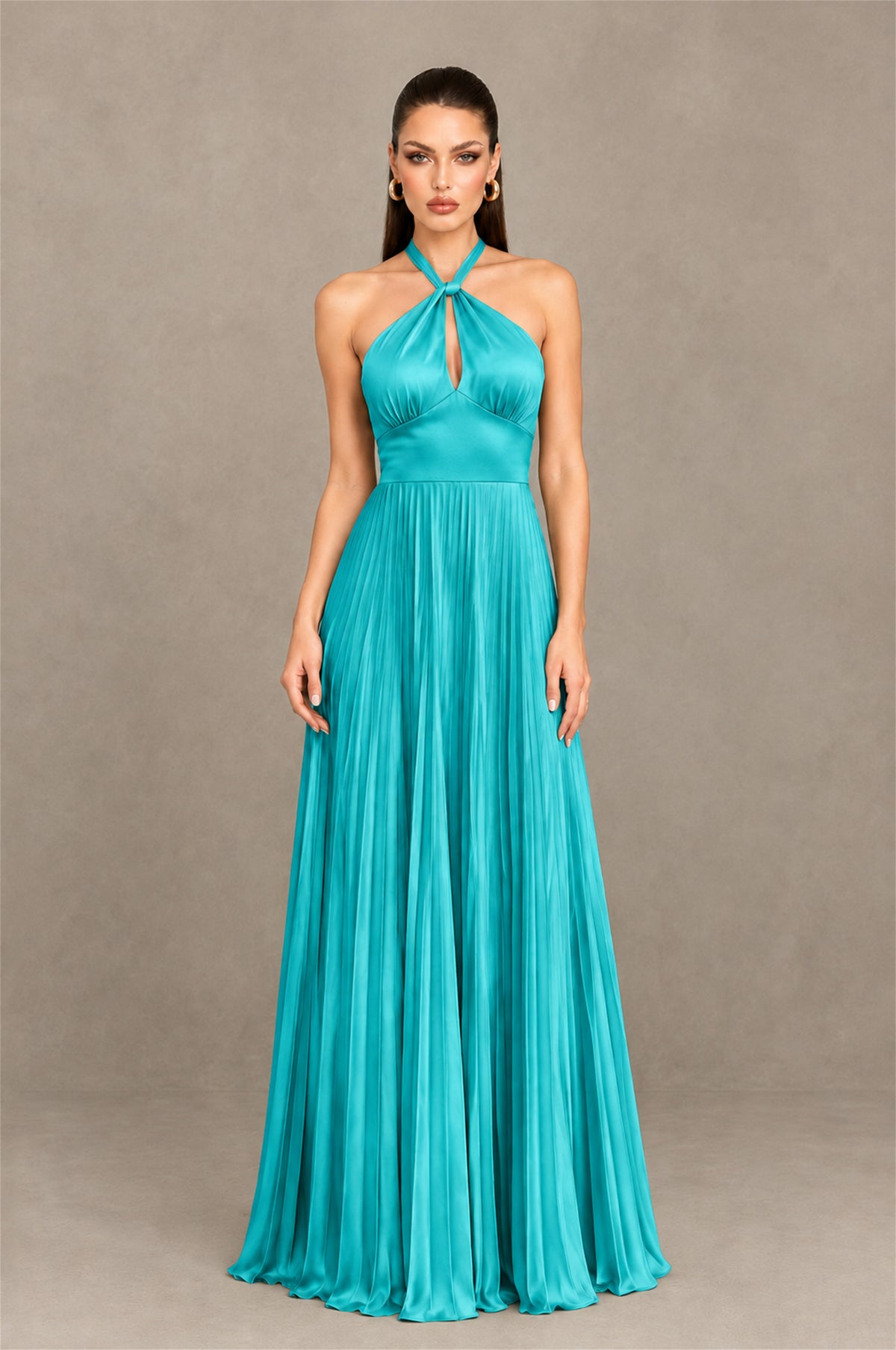 BOLODOO Turquoise Halter Pleated A-Line Evening Dress - Turquoise - Turquoise (1)