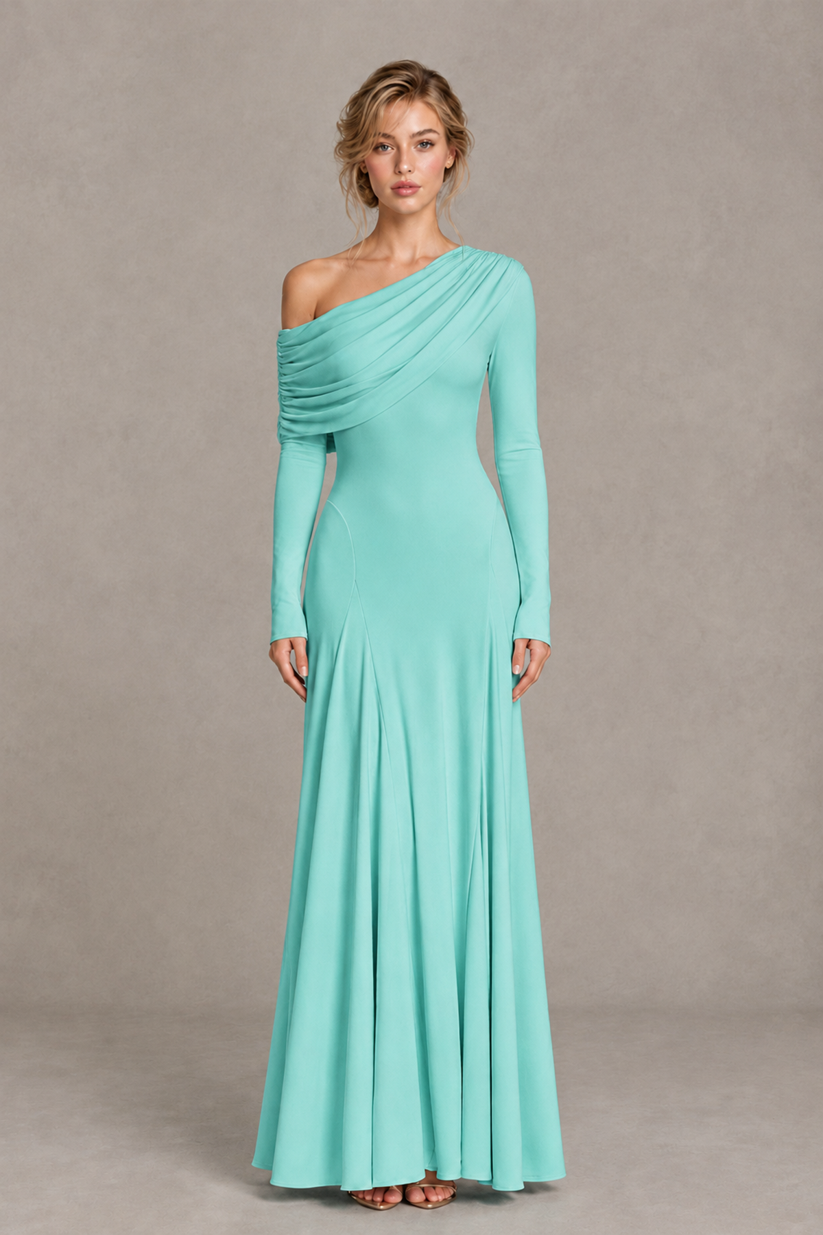 BOLODOO Turquoise Asymmetric Draped Long Sleeve Evening Gown - Turquoise