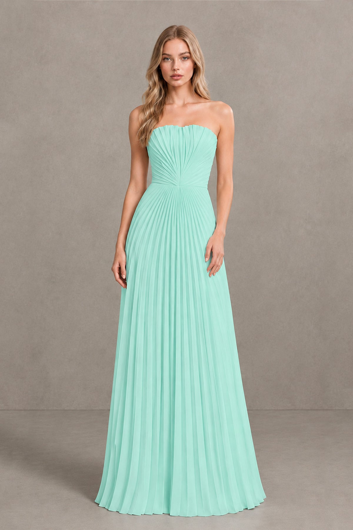 BOLODOO Turquoise Strapless Sunburst Pleated Twisted Knot Lace-Up Back Accordion Pleated Chiffon Maxi Dress - Turquoise