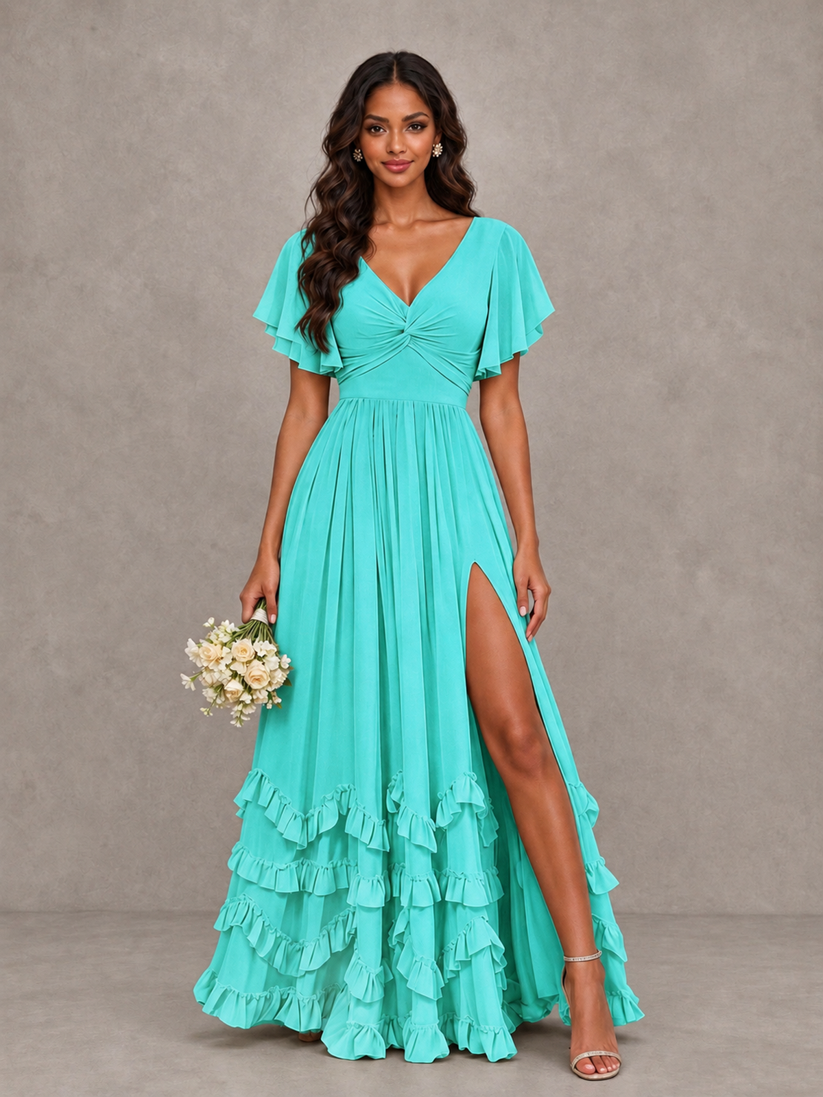 BOLODOO Turquoise V-Neck Flutter Sleeve Ruffle Bridesmaid Dress with Slit - Turquoise - Turquoise (1)