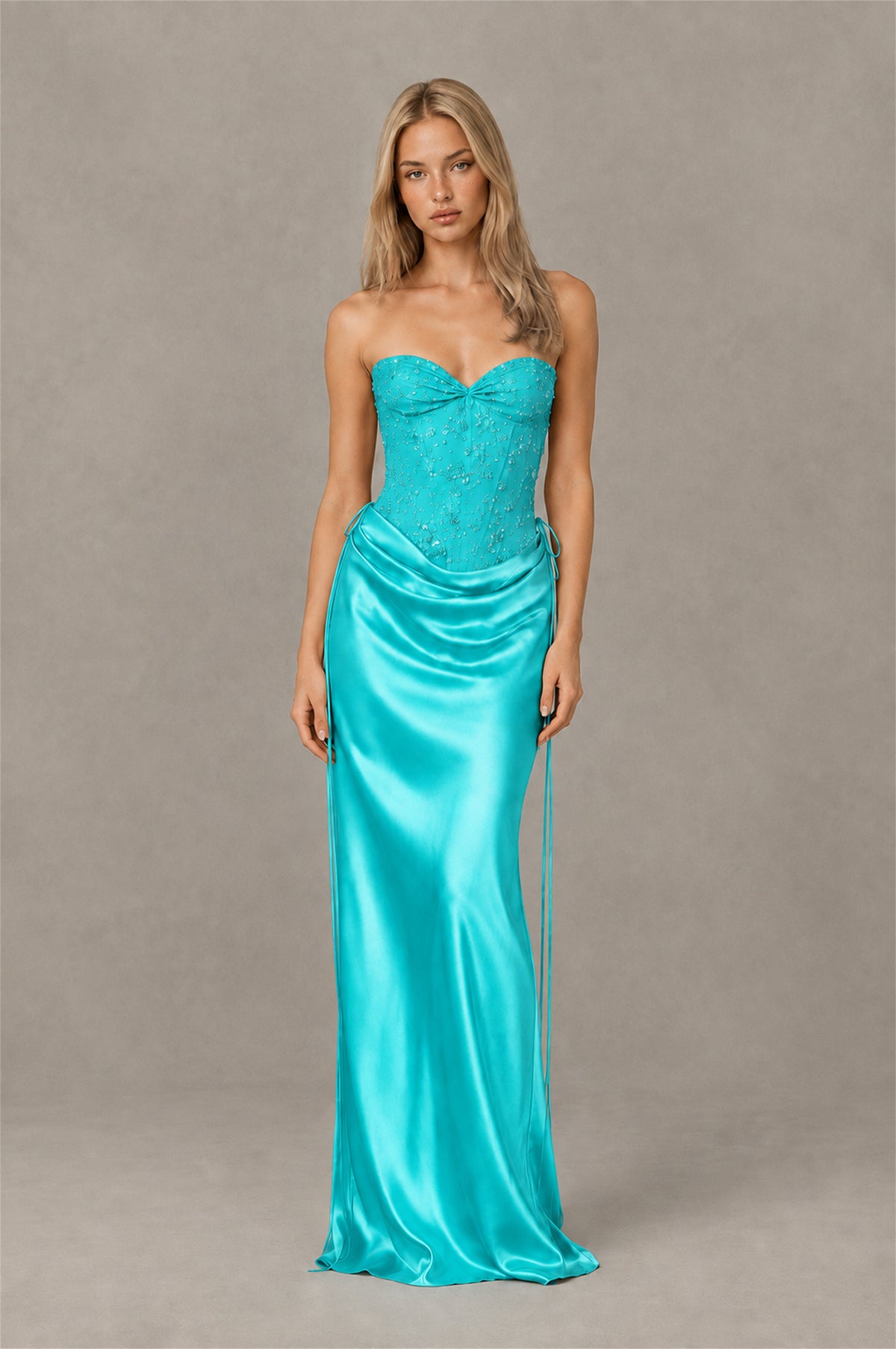 BOLODOO Turquoise Strapless Embellished Corset Satin-Look Maxi Dress - Turquoise