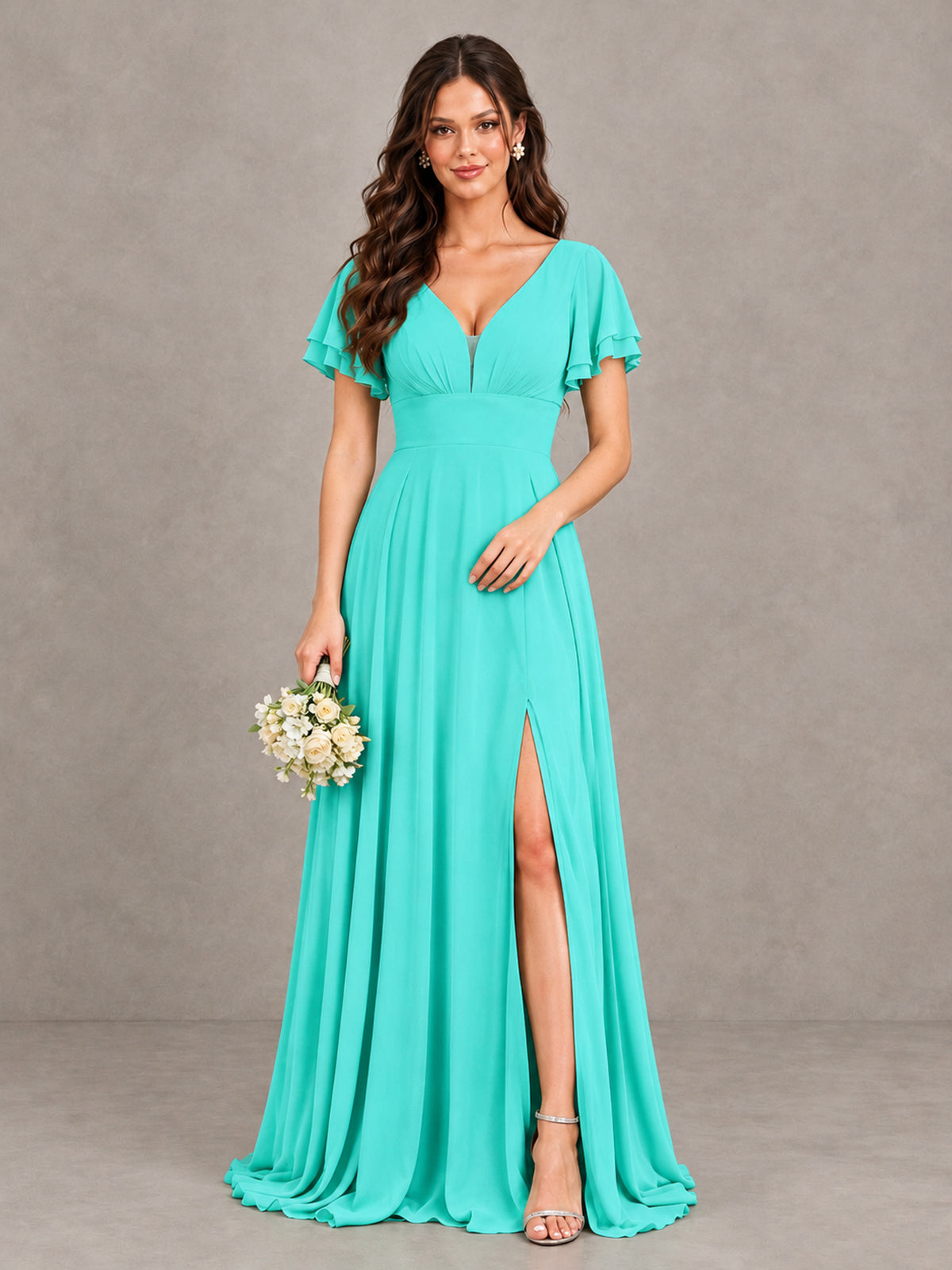 BOLODOO Turquoise Flutter Sleeve Chiffon A-Line Maxi Bridesmaid Dress with Open Back & Slit - Turquoise - Turquoise (1)