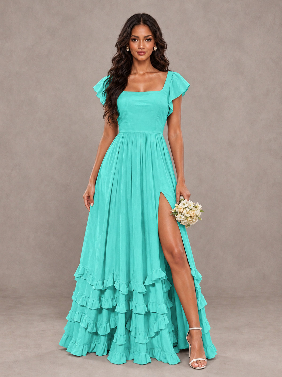 BOLODOO Turquoise Flutter Sleeve Ruffle Bridesmaid Dress with Slit - Turquoise - Turquoise (1)