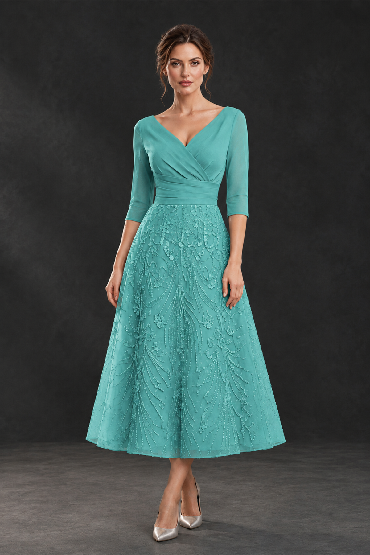 BOLODOO Turquoise V-Neck Tea-Length Lace Mother of the Bride Dress - Turquoise