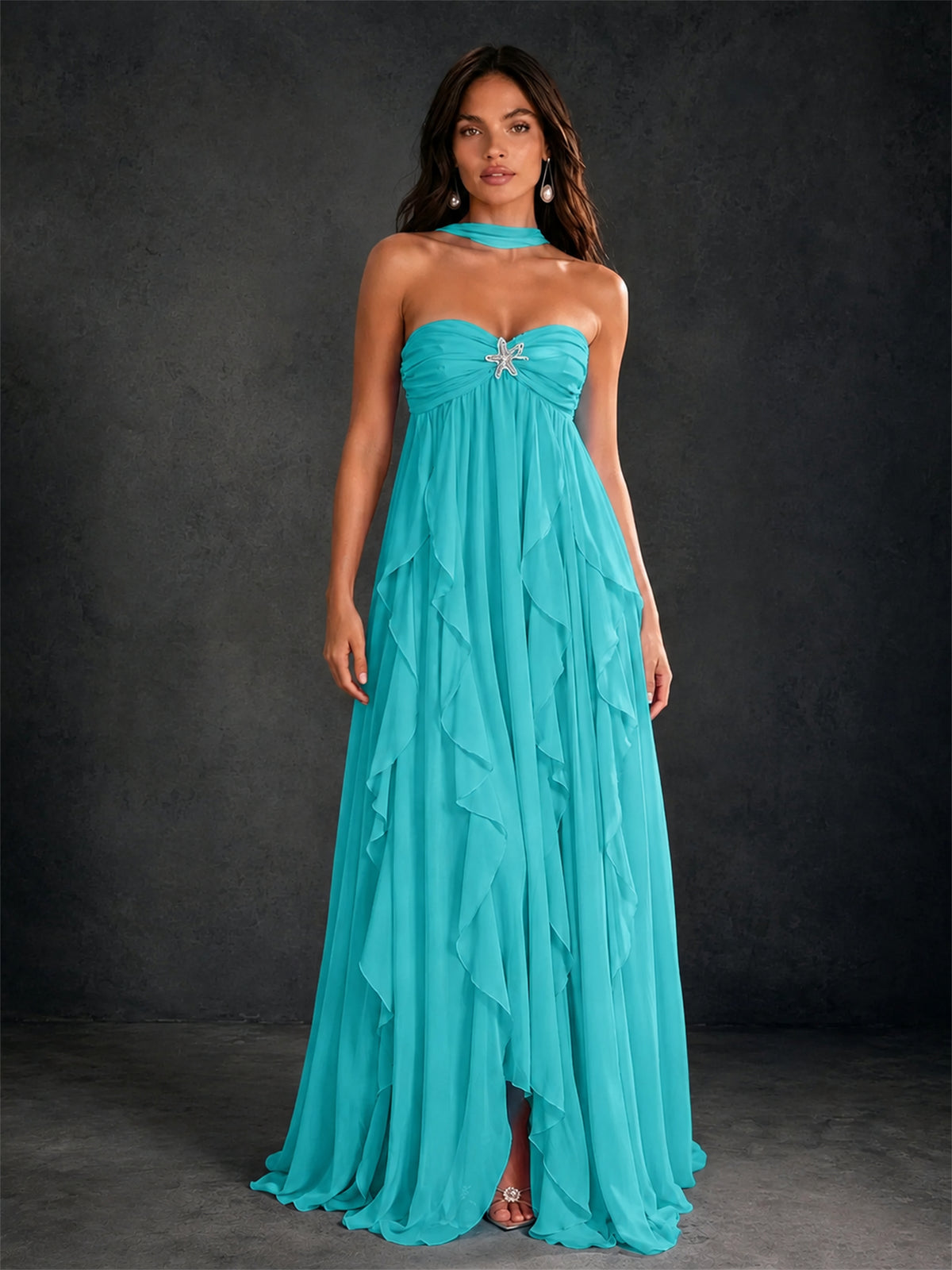 BOLODOO Turquoise Halter Neck Cascading Ruffle Chiffon Maxi Dress | Keyhole Open Back - Turquoise