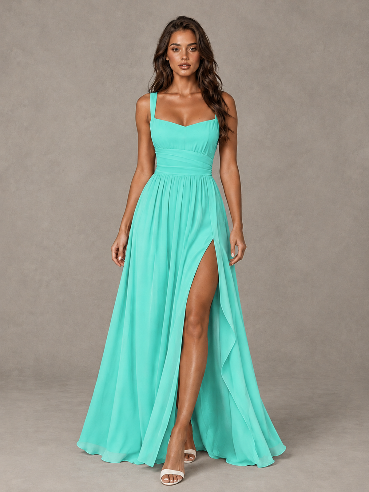 BOLODOO Turquoise A-Line Bridesmaid Dress with High Slit & Lace-Up Back - Turquoise - Turquoise (1)