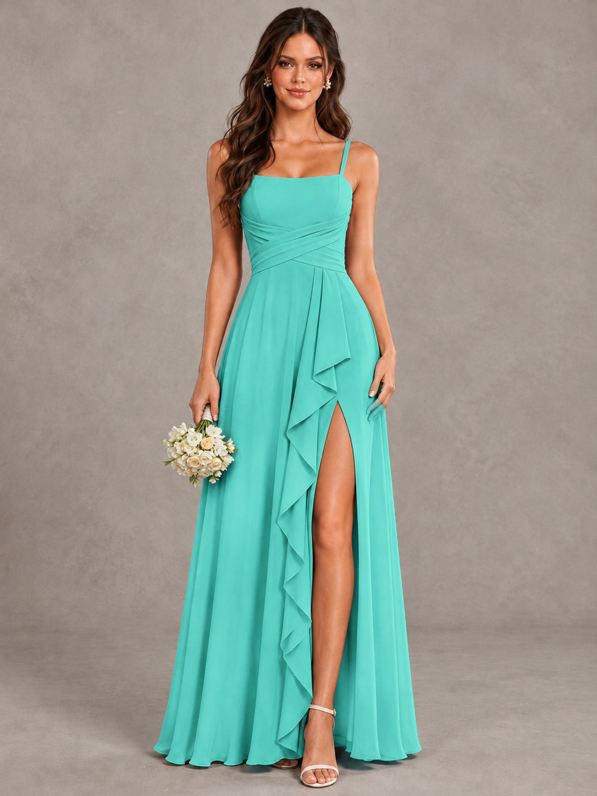BOLODOO Turquoise Spaghetti Strap Ruffle Bridesmaid Dress with Slit - Turquoise - Turquoise (1)