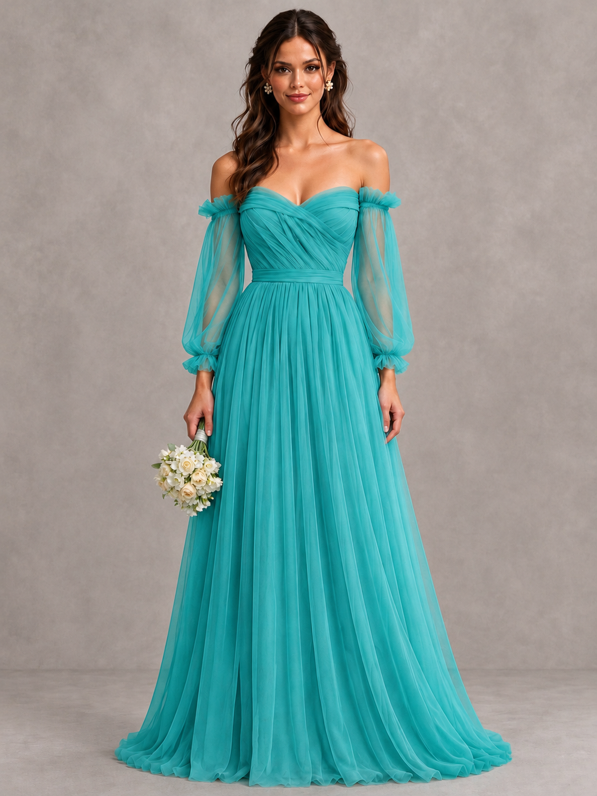 BOLODOO Turquoise Off-the-Shoulder Long Sleeve A-Line Bridesmaid Dress - Turquoise - Turquoise (1)