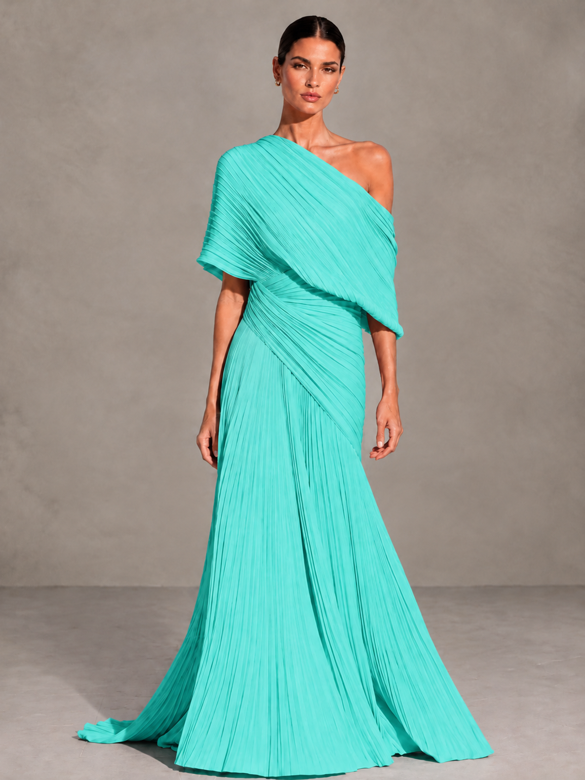 BOLODOO Turquoise One-Shoulder Pleated Cape Evening Gown with Train - Turquoise - Turquoise (1)