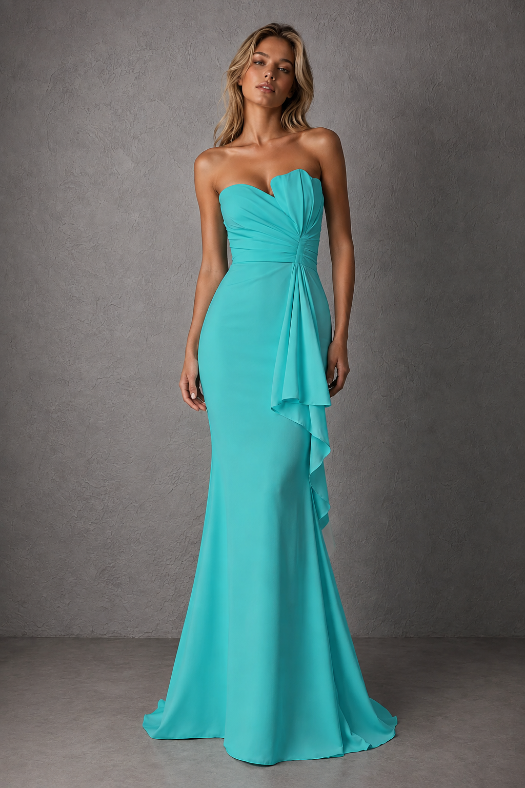BOLODOO Turquoise Strapless Sweetheart Ruched Mermaid Gown | Cascade Drape Formal Evening Dress - Turquoise