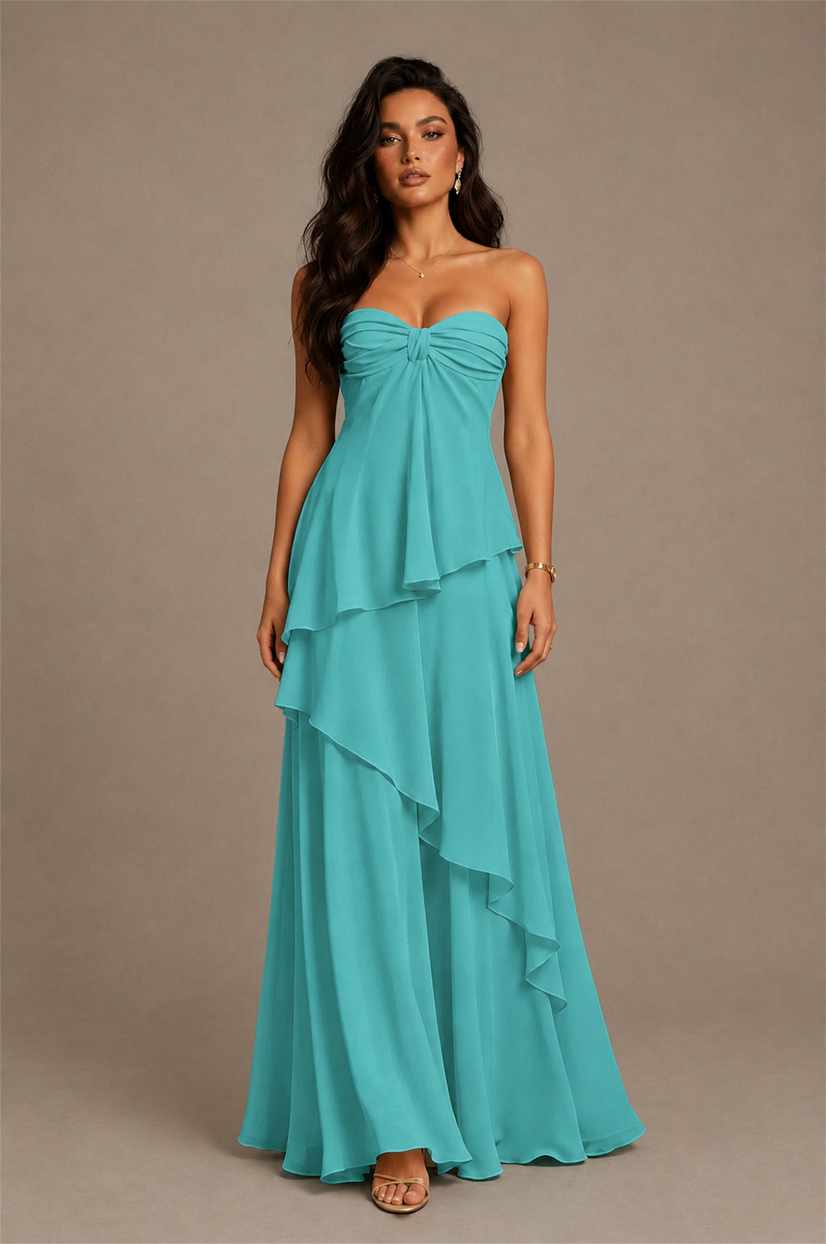 BOLODOO Turquoise Strapless Sweetheart Knotted Chiffon Tiered Maxi Dress with Lace-Up Back - Turquoise