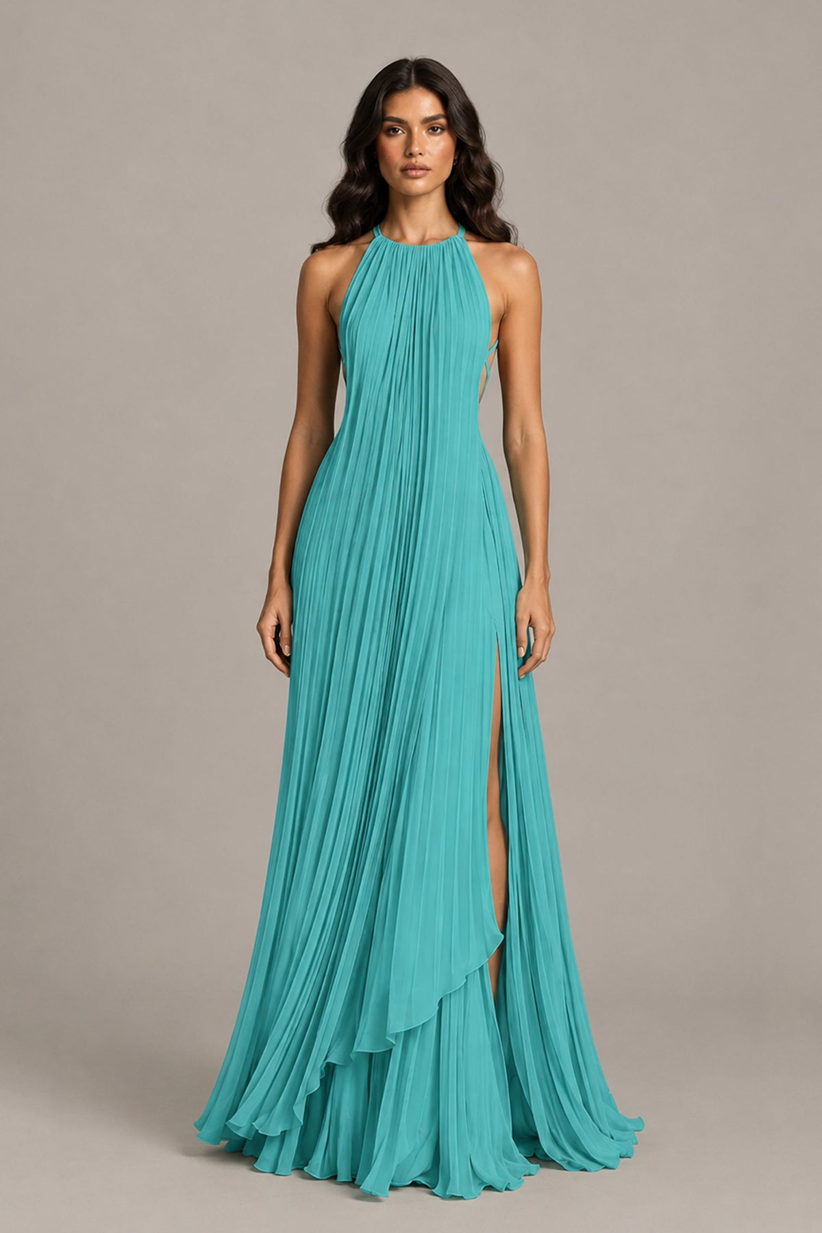 BOLODOO Turquoise Halter Neck Pleated Chiffon Maxi Dress with Side Slit - Turquoise