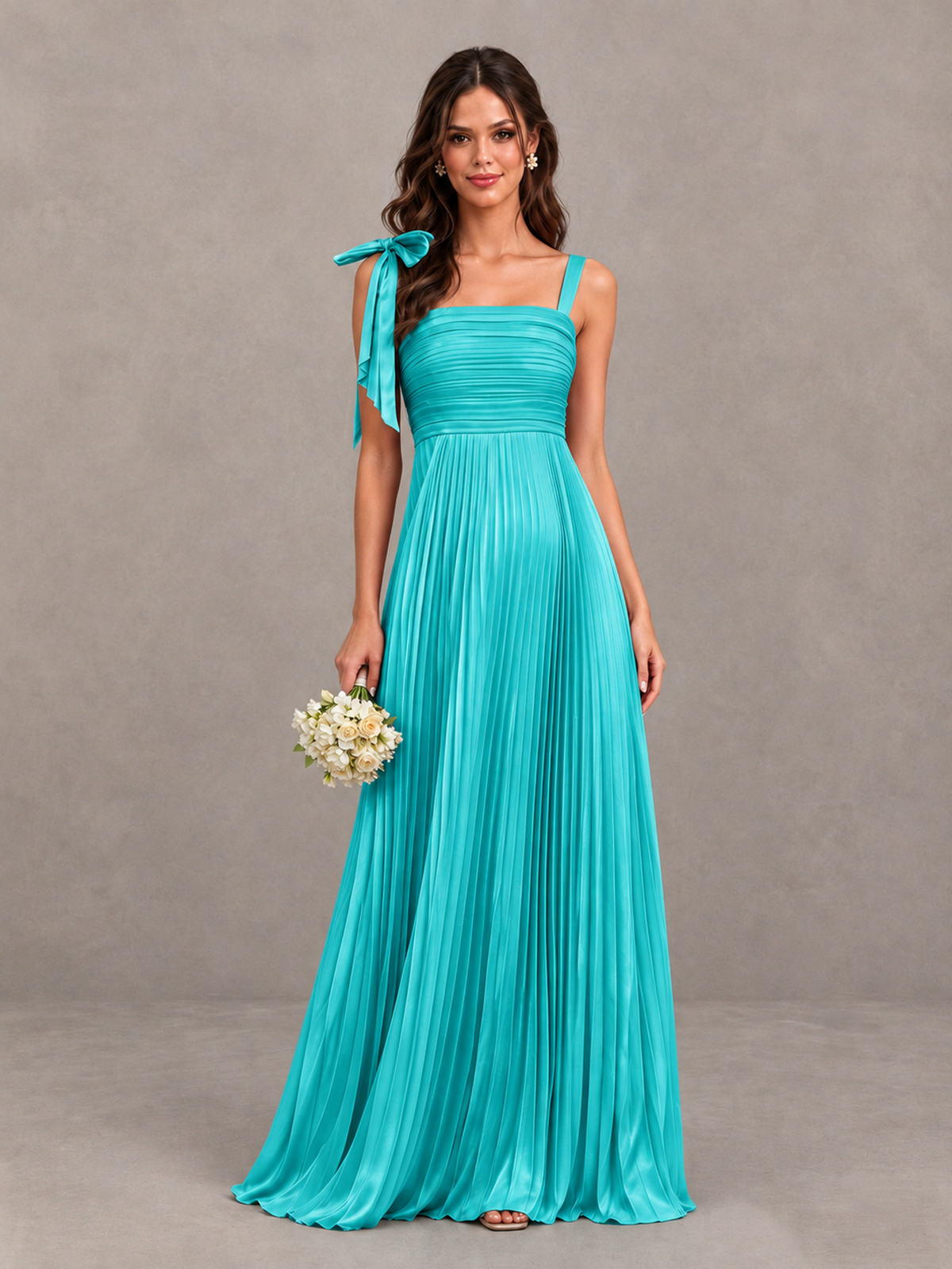 BOLODOO Turquoise Pleated Bow-Strap Bridesmaid Maxi Dress - Turquoise - Turquoise (1)