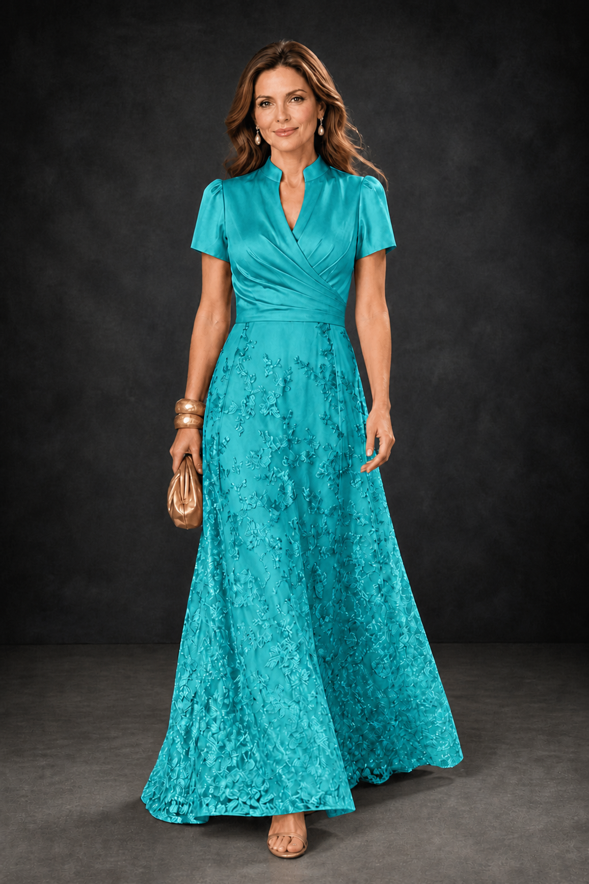 BOLODOO Turquoise Satin Wrap V-Neck Short Sleeve Lace Glitter A-Line Floor Length Evening Gown – Formal Dress - Turquoise - Turquoise (1)