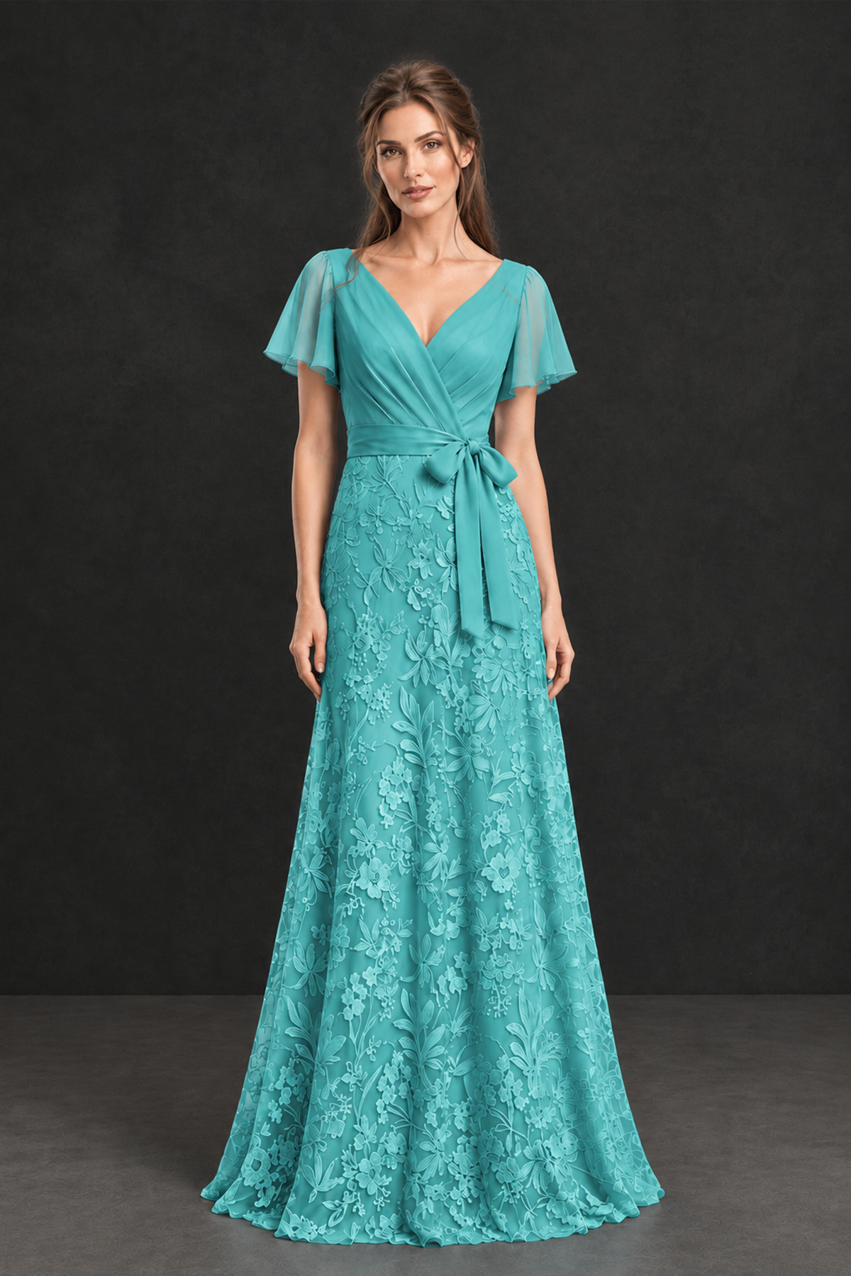 BOLODOO Turquoise Flutter Sleeve Lace Mother of the Bride Dress - Turquoise