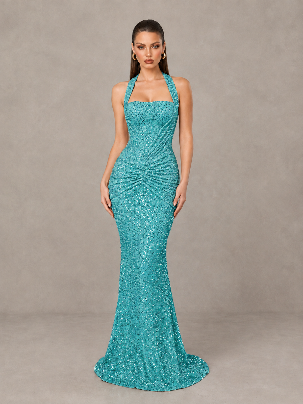 BOLODOO Turquoise Sequin Halter Mermaid Evening Gown - Turquoise - Turquoise (1)