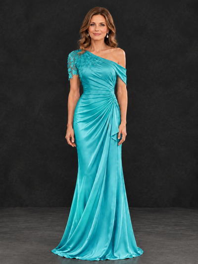 BOLODOO Turquoise Asymmetric Satin Mother of the Bride Dress with Lace Sleeve - Turquoise - Turquoise (1)