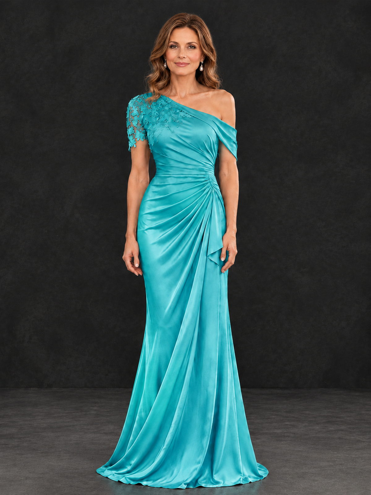 BOLODOO Turquoise Asymmetric Satin Mother of the Bride Dress with Lace Sleeve - Turquoise - Turquoise (1)