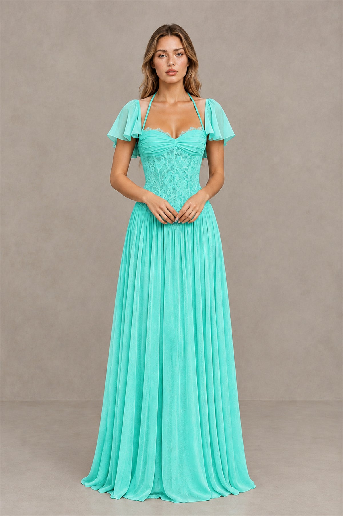 BOLODOO Turquoise Flutter Sleeve Lace Corset A-Line Maxi Dress - Turquoise - Turquoise (1)