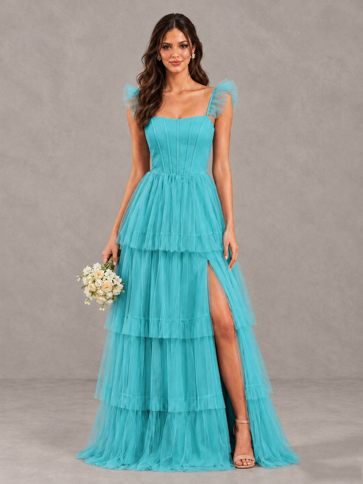 BOLODOO Turquoise Tiered Tulle Bridesmaid Dress with Slit - Turquoise - Turquoise (1)