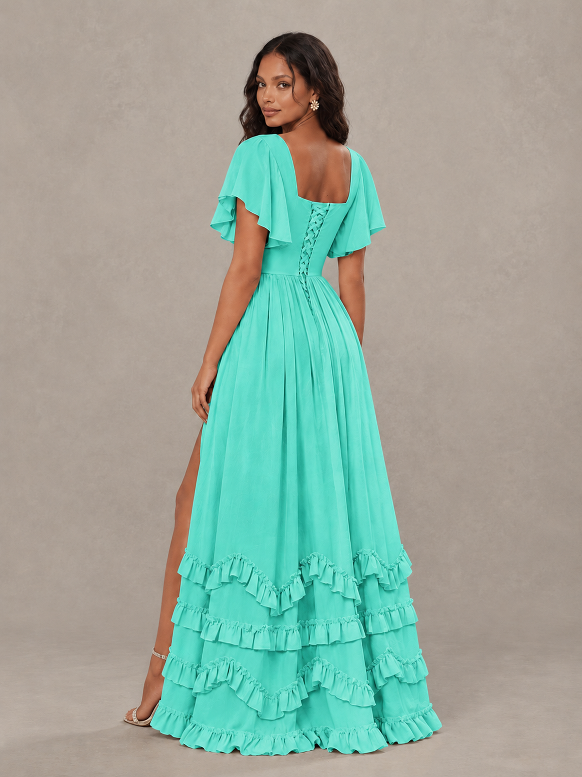 BOLODOO Turquoise V-Neck Flutter Sleeve Ruffle Bridesmaid Dress with Slit - Turquoise - Turquoise (2)