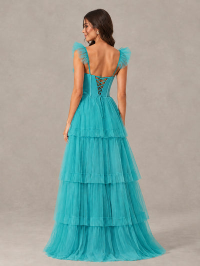 BOLODOO Turquoise Tiered Tulle Bridesmaid Dress with Slit - Turquoise - Turquoise (2)