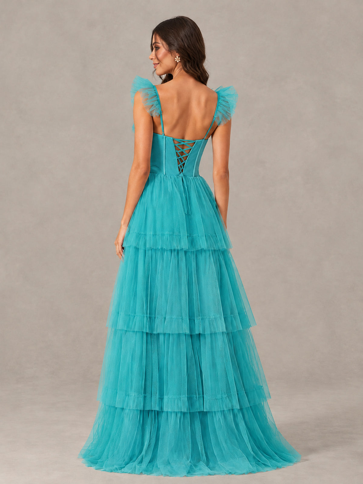 BOLODOO Turquoise Tiered Tulle Bridesmaid Dress with Slit - Turquoise - Turquoise (2)