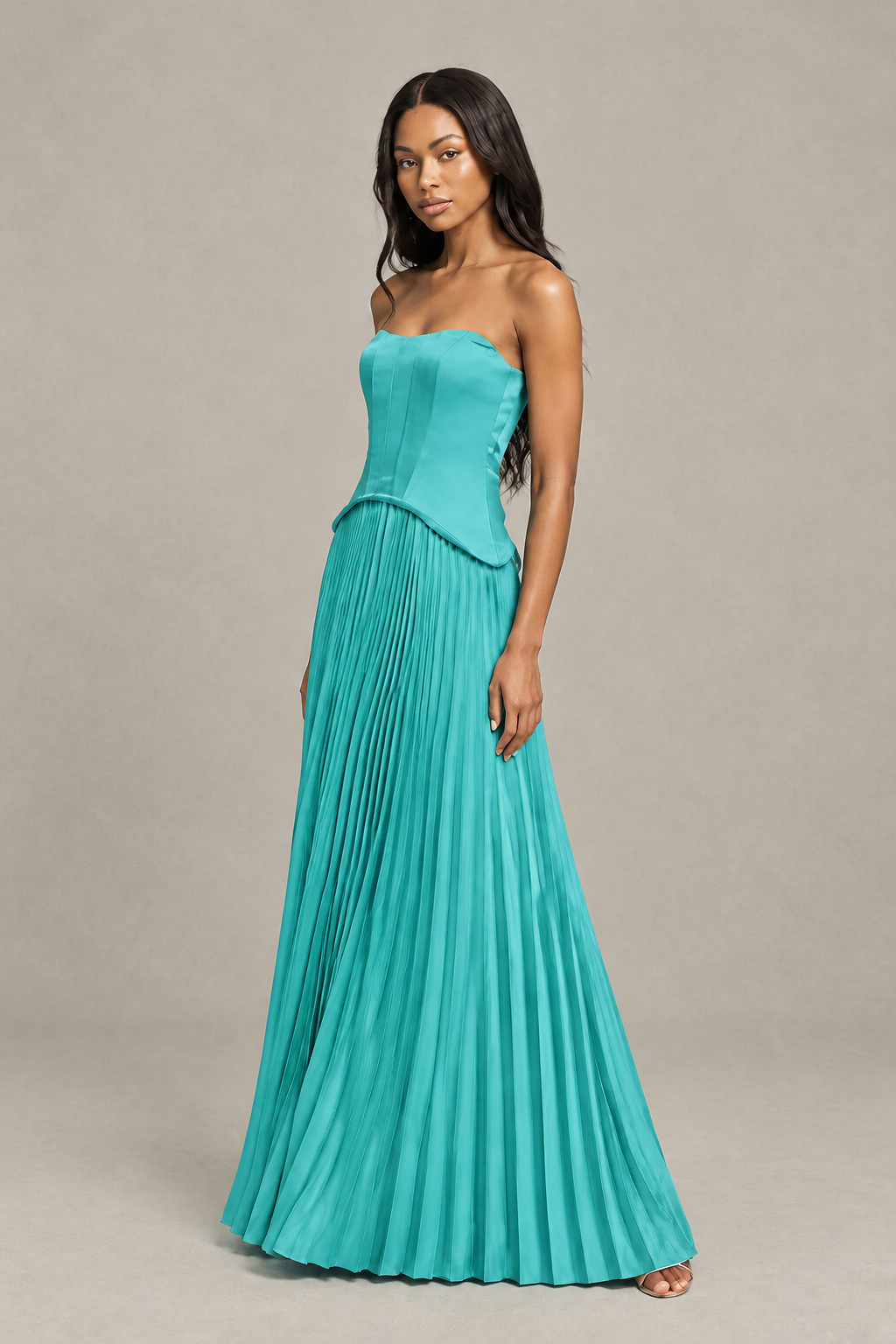 BOLODOO Turquoise Strapless Pleated Satin Evening Prom Dress - Turquoise