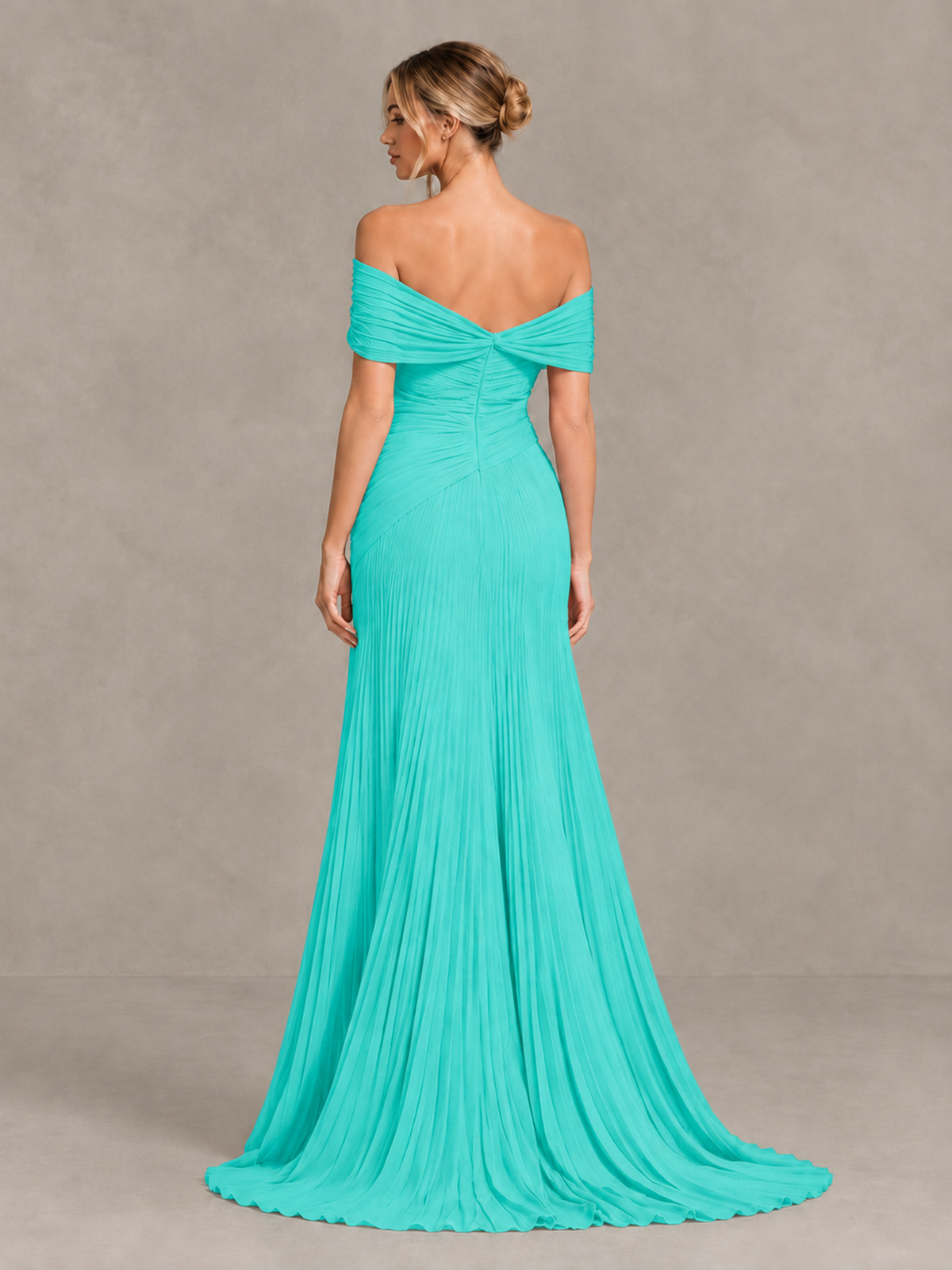 BOLODOO Turquoise Off-Shoulder Ruched Pleated Maxi Dress with High Slit - Turquoise - Turquoise (2)