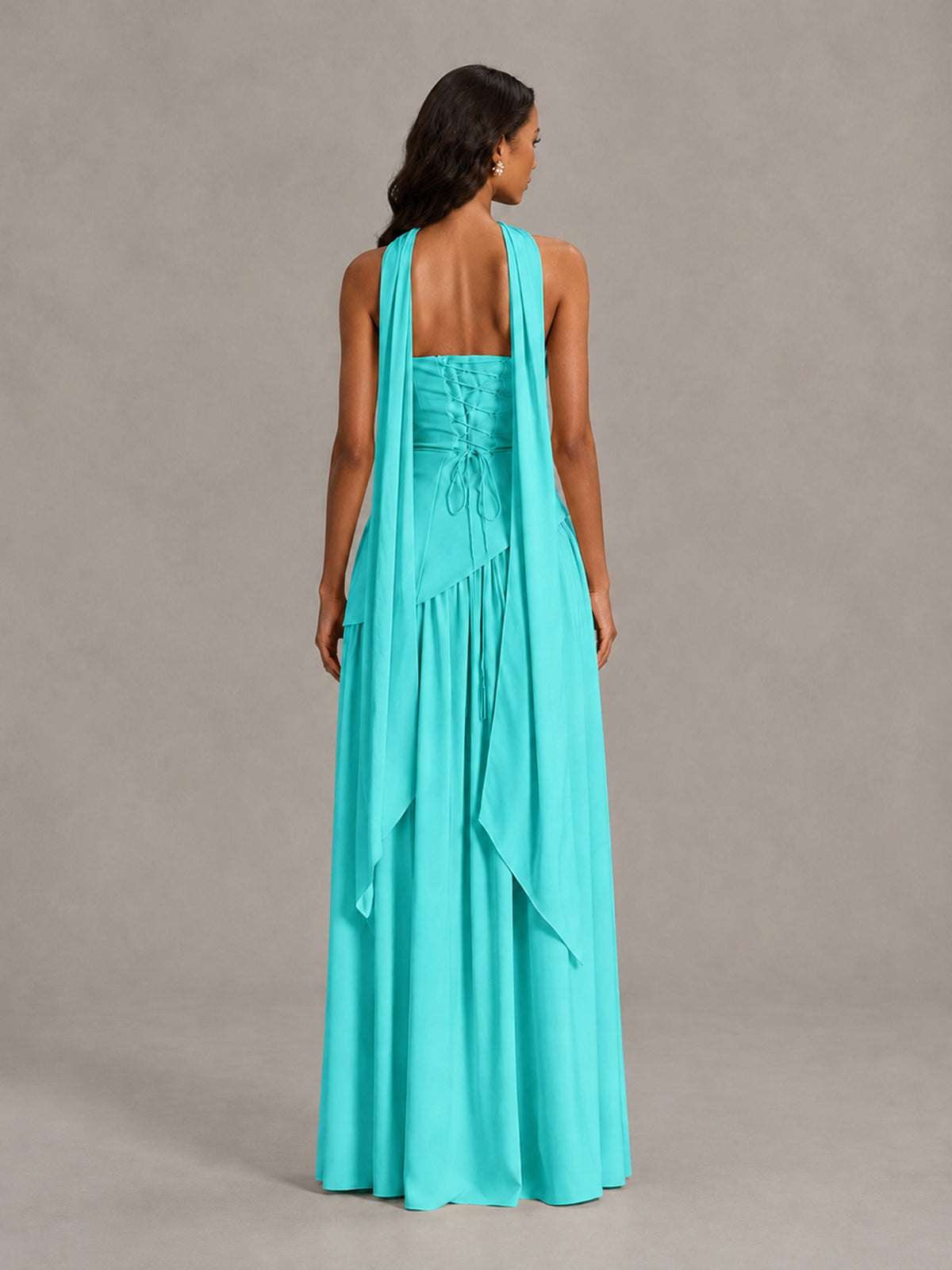 Turquoise Strapless Bridesmaid Dress with Scarf & High Slit - Turquoise - Turquoise (2)