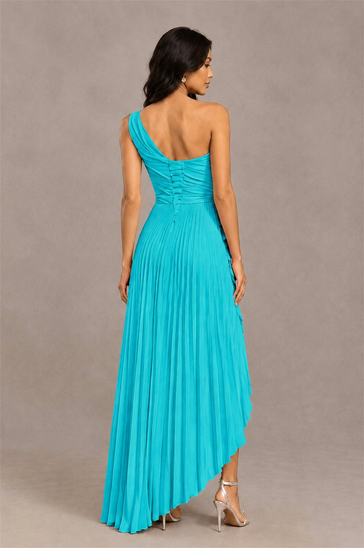 BOLODOO Turquoise One-Shoulder High-Low Ruffle Maxi Dress - Turquoise