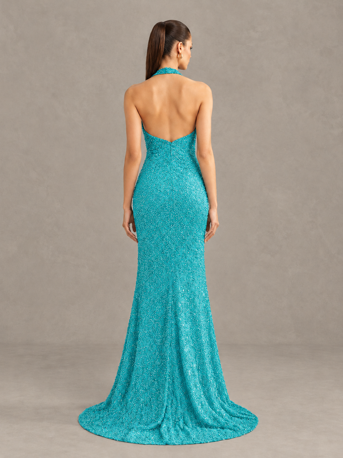 BOLODOO Turquoise Sequin Halter Open Back Evening Gown with High Slit - Turquoise - Turquoise (2)