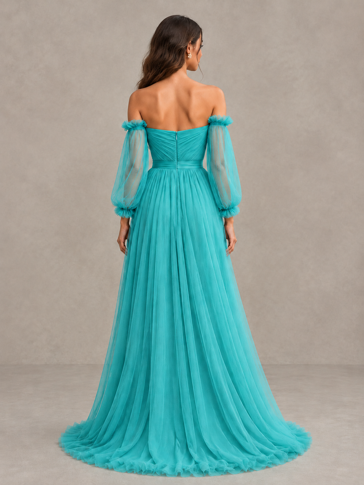 BOLODOO Turquoise Off-the-Shoulder Long Sleeve A-Line Bridesmaid Dress - Turquoise - Turquoise (2)