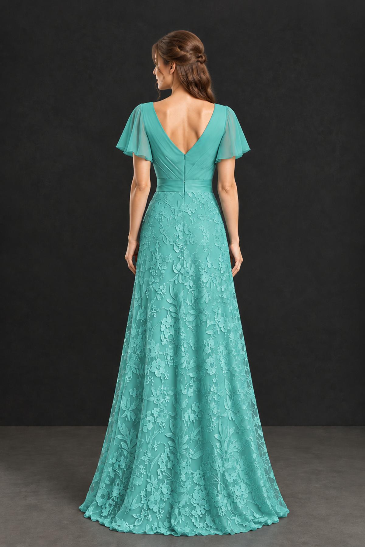 BOLODOO Turquoise Flutter Sleeve Lace Mother of the Bride Dress - Turquoise