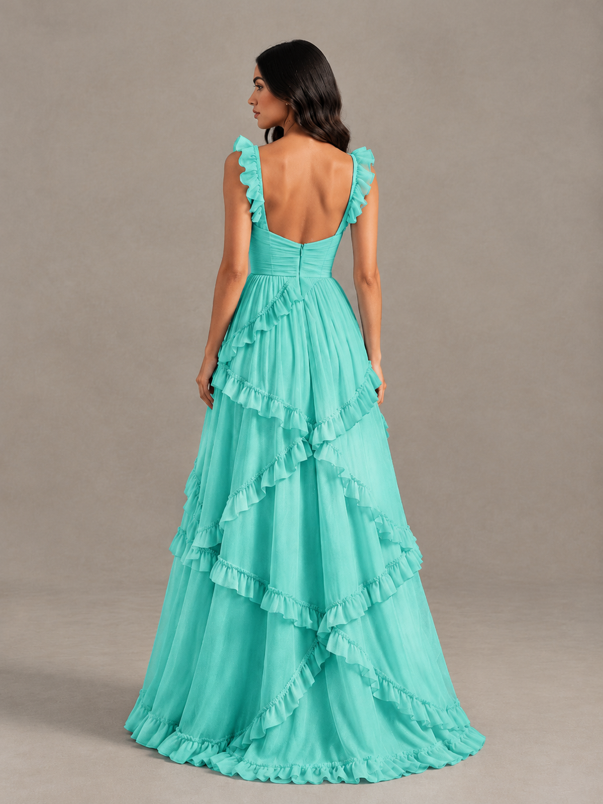 BOLODOO Turquoise Ruffle A-Line Prom Dress with Open Back - Turquoise - Turquoise (2)