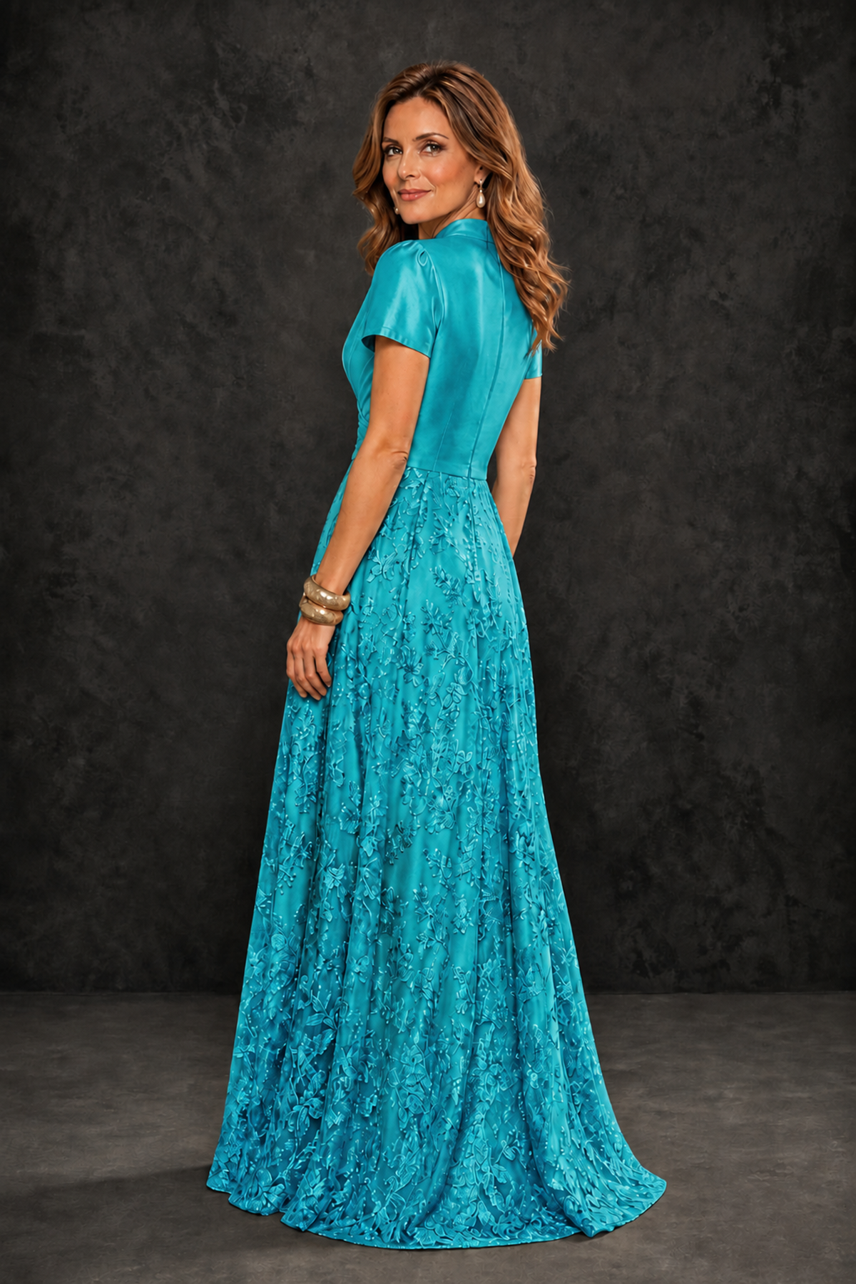 BOLODOO Turquoise Satin Wrap V-Neck Short Sleeve Lace Glitter A-Line Floor Length Evening Gown – Formal Dress - Turquoise - Turquoise (2)