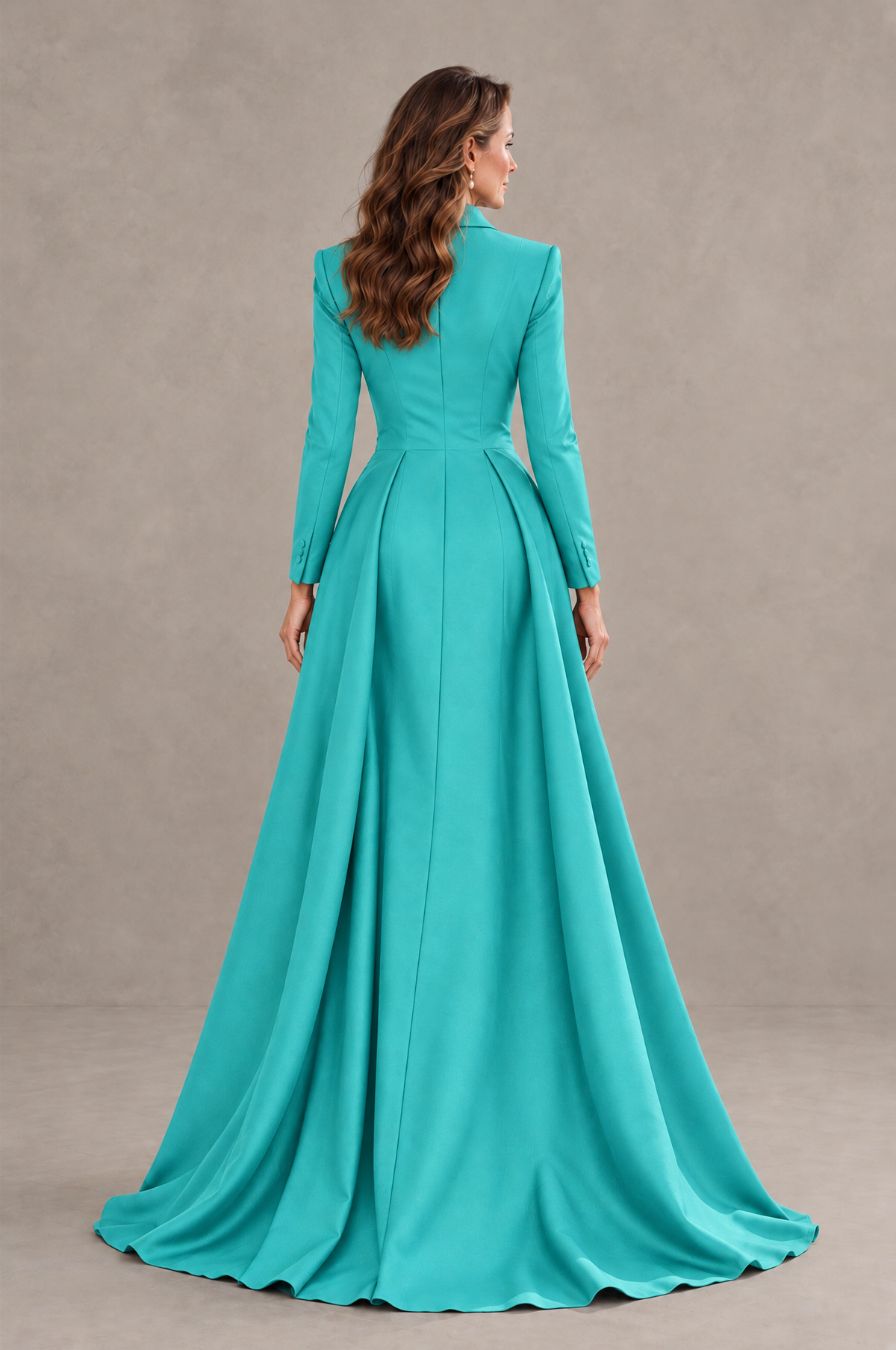 Slit Part Turquoise Long Sleeve Lace Blazer Gown with Slit | BOLODOO