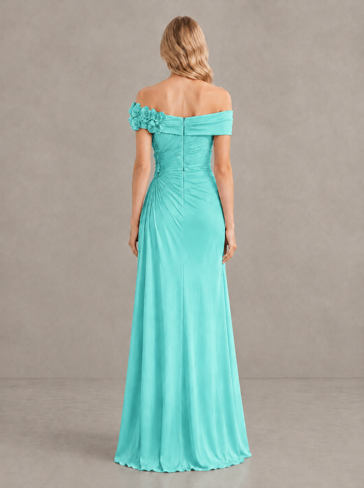 BOLODOO Turquoise Off-Shoulder Floral Applique Wedding Guest Maxi Dress - Turquoise - Turquoise (2)